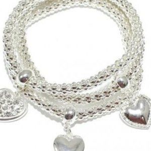Multi Layer SILVER, HEART CHARM STRETCH BRACELET SET